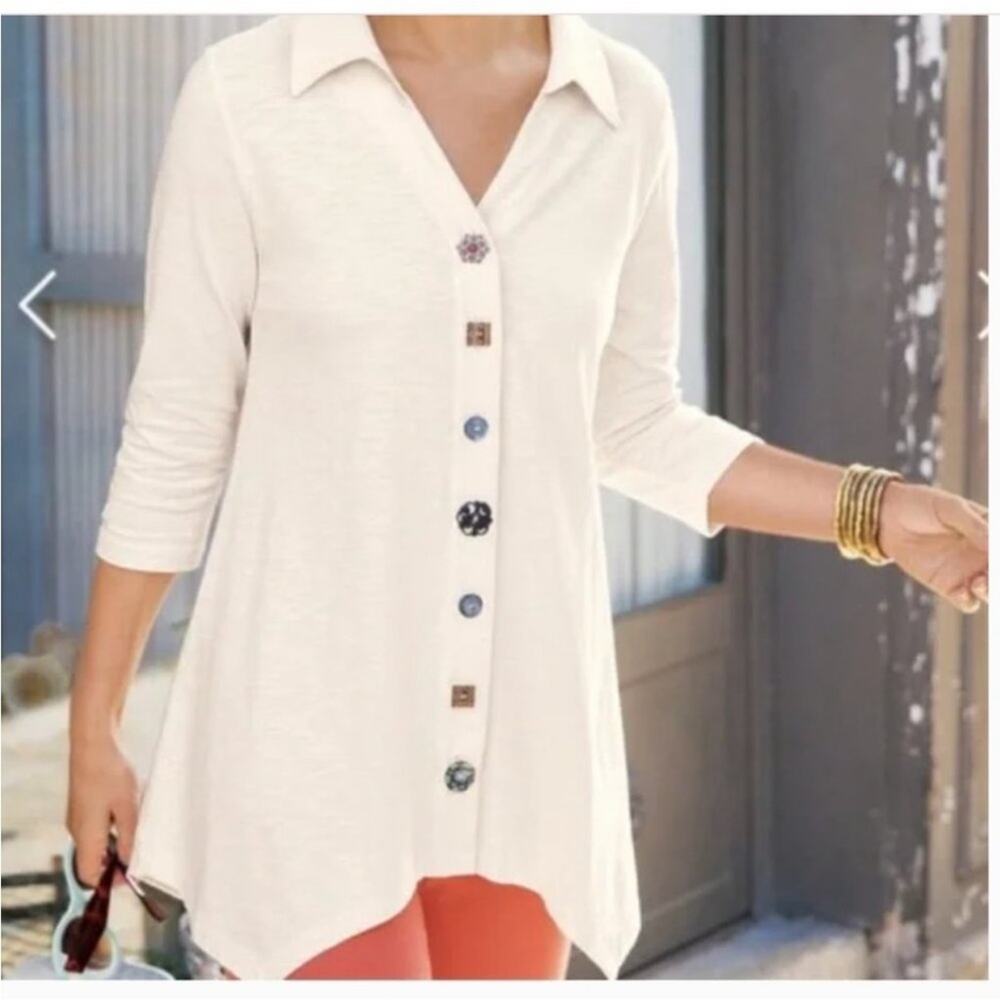 Soft Surroundings Danielle Button Down asymmetrical Hem Top, EUC Small, MSRP $89